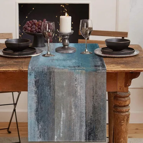 Vista 34 de Emvency - Camino de mesa de estilo granja, pintura de arte abstracto vintage en azul y gris para mesa de cocina, cenas familiares, fiestas, bodas
