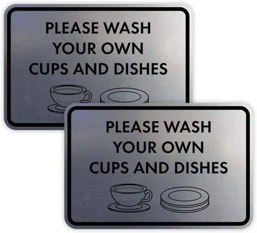Vista 30 de Letrero clásico enmarcado con texto en inglés «Please Wash Your Own Cups and Dishes» (negro)