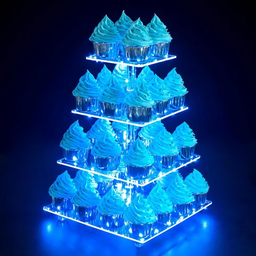 Vista 14 de Soporte para Cupcakes, Soporte Redondo para Cupcakes de 4 Niveles con Tira de Luces LED, Torre de Exhibición de Cupcakes de Acrílico para Bodas, Azul