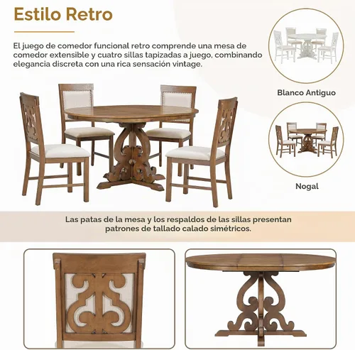 Vista 5 de VilroCaz Juego de comedor funcional retro de 5 piezas, mesa de comedor extensible de madera maciza con una hoja de 16 pulgadas y 4 sillas tapizadas