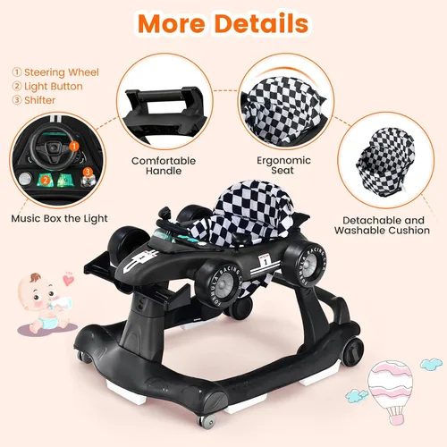 Vista 8 de HONEY JOY Andador de bebé 4 en 1, caminador de actividad con 3 alturas ajustables, ruedas suaves con velocidad ajustable, asiento acolchado, música