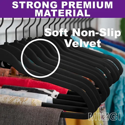 Vista 2 de MIZGI Paquete de 30 Perchas de Terciopelo Totalmente Negras, Fieltro Flocado Premium Antideslizante para Ropa, Perchas Negras Resistentes