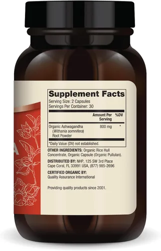 Vista 2 de Dr. Mercola Ashwagandha orgánica - Apoya la producción de energía y la salud suprarrenal - 800 mg por porción - Sin OMG, sin gluten y sin soja