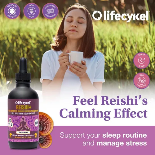 Vista 6 de Life Cykel - Extracto de hongo Reishi con ciruela Kakadu silvestre - Potente suplemento de apoyo inmunológico y del sueño, gotas de hongos