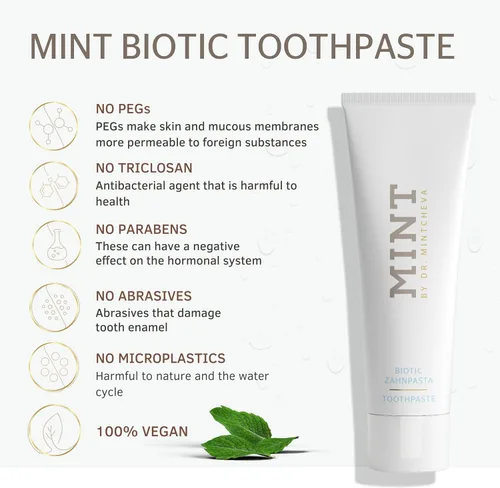 Vista 3 de Pasta de dientes biótica de menta (2.9 fl oz), pasta de dientes antibacteriana con máximo poder de limpieza, sin flúor y sin dióxido de titanio