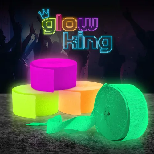 Vista 2 de Glow King Serpentinas de luz negra, paquete de 8 rollos fluorescentes de 100 pies, papel crepé neón reactivo a los rayos UV de alta calidad, regalo