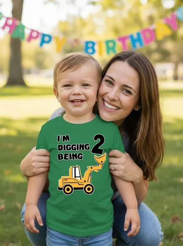 Vista 5 de Tstars Conjunto de construcción de segundo cumpleaños para niños pequeños – Camiseta I'm Digging Being 2 – Bulldozer Digger Truck Tee Manga regular