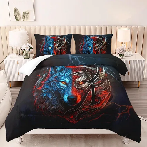 Vista 2 de AILONEN Juego de edredón con cabeza de lobo impresa tamaño individual, juego de ropa de cama de lobo para la noche para niños y hombres, juego