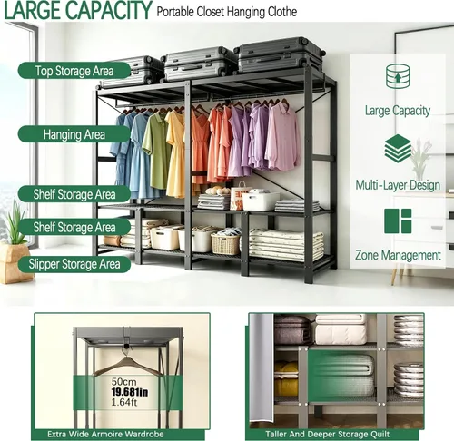 Vista 7 de Garment Rack with Cover Heavy Duty Portable Wardrobe Closet Grey 49.25in