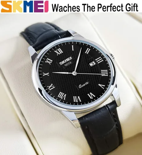 Vista 4 de SKMEI Reloj para hombres de negocios vestido clásico de moda casual negro cuero cuarzo analógico impermeable calendario fecha luz simple relojes