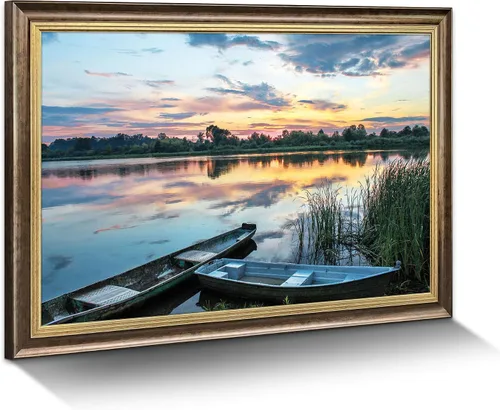 Vista 12 de Arte de Pared en Lienzo de Paisaje de Lago: Pintura Moderna Relajante del Horizonte al Atardecer, Impresión Simple y Natural de Barco y Juncos