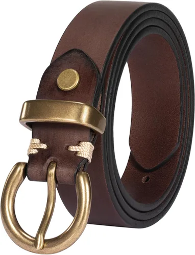 Vista 9 de Cinturón de mujer para jeans de cuero genuino con hebilla circular de latón vintage sólido y embalaje de caja de regalo Negro-1