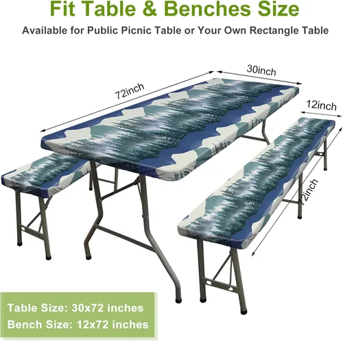 Vista 3 de ICOSY Mantel de picnic con fundas de banco de 30 x 72 pulgadas, resistente al viento, mantel rectangular ajustable para mesas de 6 pies, accesorios