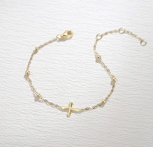 Vista 3 de FANCIME Pulsera de crucifijo de oro amarillo macizo de 14 quilates, delicada, joyería minimalista fina, bonita para aniversario, día de San
