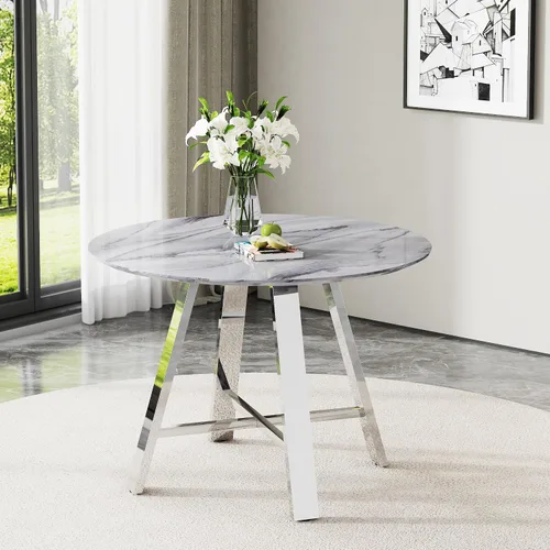 Vista 10 de Mesas redondas de 42 pulgadas, modernas mesas de comedor redondas con mesa de madera y patas de acero inoxidable, mesa circular tapizada para Marrón