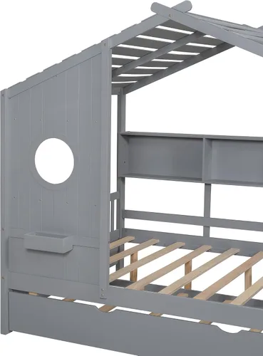 Vista 5 de SOFTSEA Cama de plataforma de tamaño matrimonial con nido y estantes de almacenamiento, marco de cama de madera con listones de soporte, cama