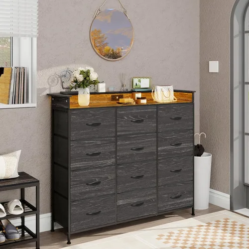 Vista 8 de Cómoda negra con luz LED, 12 cajones con estación de carga, cómoda para dormitorio con 12 cajones de tela para dormitorio, pasillo, entrada