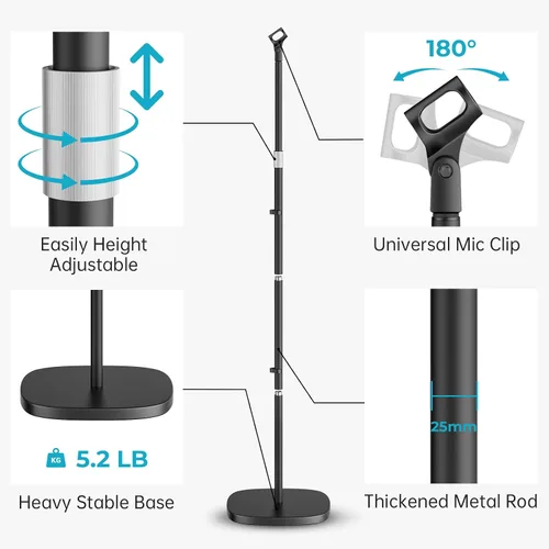 Vista 2 de Soporte para micrófono, soporte de suelo desmontable universal para micrófono con base compacta, altura ajustable de 22 a 67 pulgadas, 2 clips