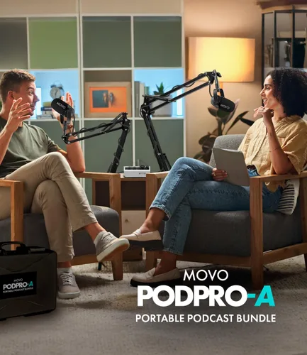 Vista 2 de Movo Paquete portátil de equipo de podcast para iPhone/teléfonos Android - Kit de podcast con interfaz de audio, 2 micrófonos dinámicos CastMic, 2