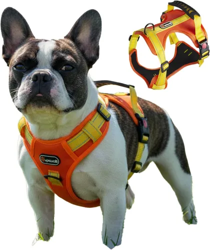 Vista 16 de Arnés táctico para perro, ajustable, sin tirones, con correas reflectantes y asa, arnés para cachorros con clips metálicos dobles para correa