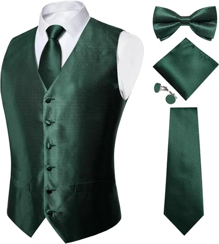 Vista 24 de DiBanGu Conjunto de 5 chalecos de seda con corbata y corbatín para hombre Paisley oro negro