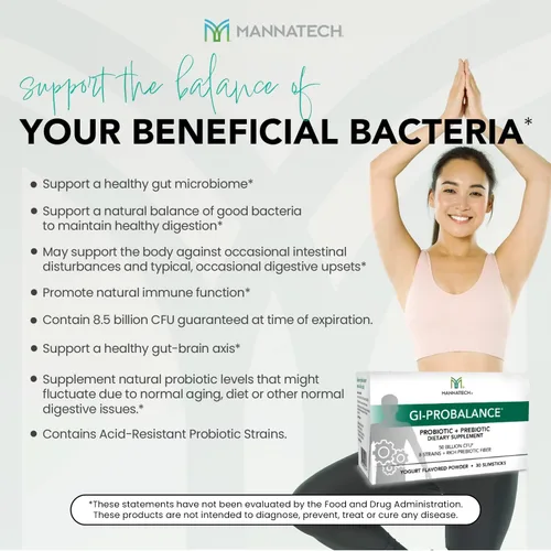 Vista 5 de Mannatech Prebióticos y probióticos, 30 slimsticks, sabor a yogur, GI-ProBalance con mezcla MannaBiótica, polvo pre y probióticos para la salud