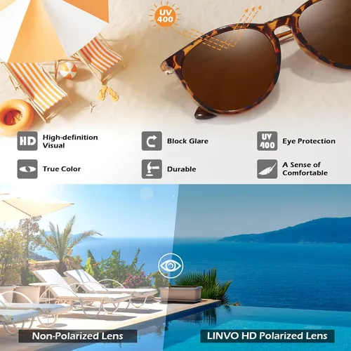 Vista 7 de LINVO Gafas de sol retro para mujer, polarizadas, protección UV, estilo vintage, estilo de diseñador, gafas de sol redondas