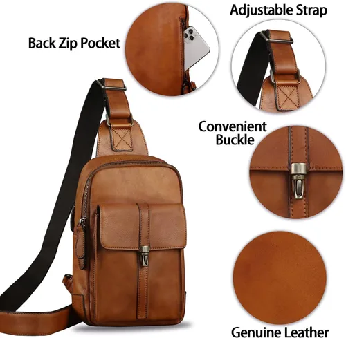 Vista 6 de Bolso bandolera de cuero genuino Mochila casual de senderismo Mochila vintage hecha a mano Crossbody Bag Retro Chest Daypack (marrón)