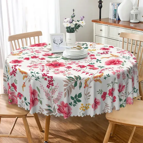 Vista 20 de Mantel redondo floral rústico de 48 pulgadas, con estampado botánico de flores en acuarela verde, azul y gris, a prueba de derrames y aceite, tela
