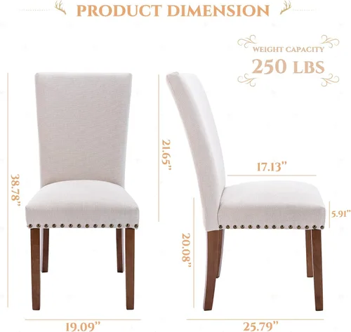Vista 3 de Juego de 2 sillas tapizadas de tela para comedor, sillas de cocina estilo Parsons con ribete de cabeza de clavo y patas de madera - Beige