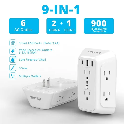 Vista 2 de Cargador de pared, protector de sobretensiones, extensor de 6 tomas de corriente con 3 puertos de carga USB (1 USB C, 3.4 A), regleta