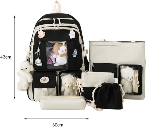Vista 6 de JQWSVE Mochila Kawaii con pin Kawaii y accesorios, juego de 5 unidades, bonita mochila estética, bolsas escolares para adolescentes, Negro -, Viajar