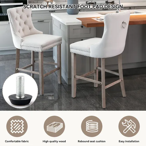 Vista 5 de Juego de 2 Sillas de Comedor, Modernos Taburetes de Bar Tapizados de Terciopelo con Decoración de Botones Capitoné y Patas de Madera, Ribete