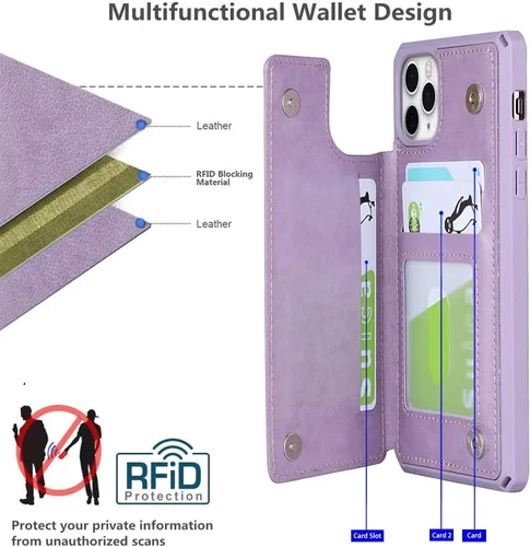 Vista 3 de iCoverCase Funda compatible con iPhone 11 con tarjetero para mujer, bloqueo RFID en relieve, piel sintética con correa de muñeca de 6.1 pulgadas