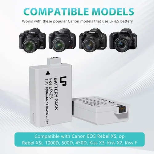 Vista 2 de LP Paquete de batería y cargador LP-E5, paquete de 2 baterías de repuesto LP E5 de 1600 mAh y cargador de doble ranura USB para Canon EOS Rebel XS