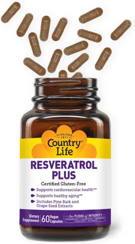 Vista 6 de Country Life Resveratrol Plus 1000mg - Suplemento antioxidante orgánico con corteza de pino y extractos de semillas de uva, vegano, sin gluten, sin