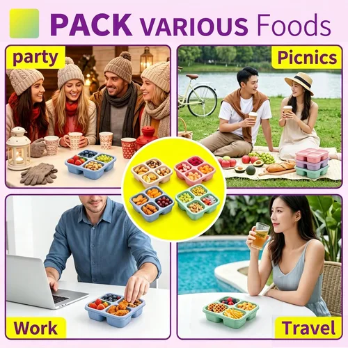 Vista 7 de Cididu Paquete de 8 cajas de almuerzo para aperitivos, 4 compartimentos, contenedor de almacenamiento de alimentos dividido reutilizable apilable