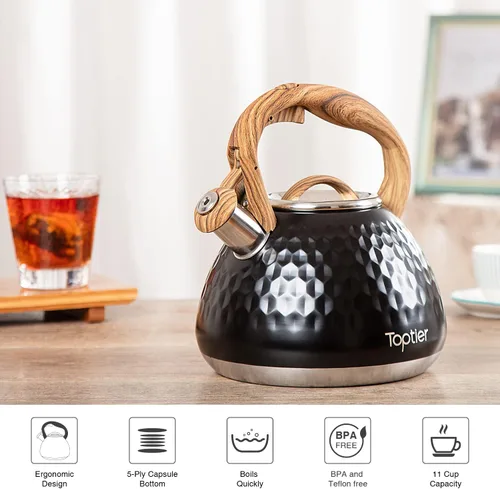 Vista 6 de Tetera, Tetera Silbadora Toptier con Mango de Patrón de Madera Silbato Fuerte, Tetera de Acero Inoxidable Grado Alimenticio para Estufas de Negro