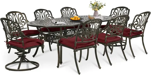 Vista 33 de Juego de comedor de patio de 9 piezas, mesa y sillas de patio al aire libre, mesa de comedor ovalada de aluminio fundido de 84 pulgadas con agujero