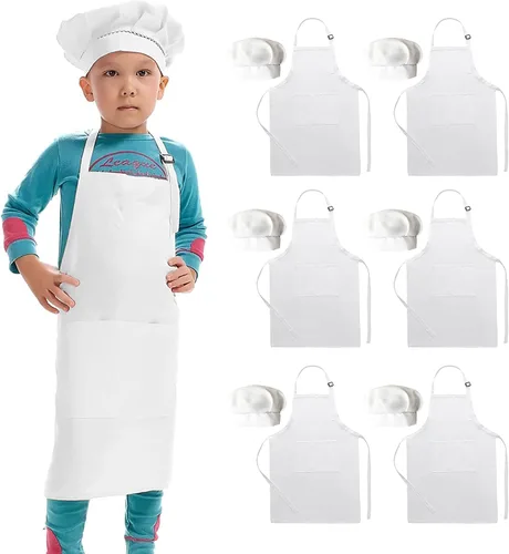 Vista 8 de Paquete de 6 delantales ajustables para niños y sombrero de chef para cocinar, hornear, pintura, arte, delantal para niñas y niños con 2 bolsillos