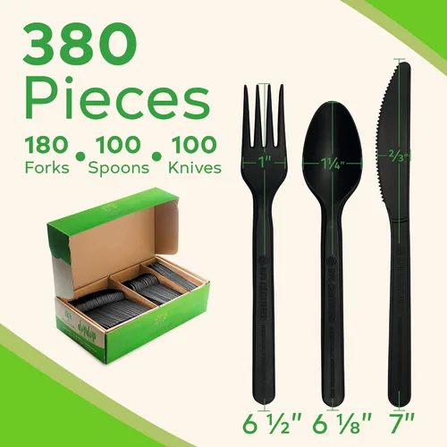 Vista 6 de Juego de cubiertos compostables, utensilios compostables a base de plantas, cubiertos compostables aptos para lavavajillas, cubiertos desechables