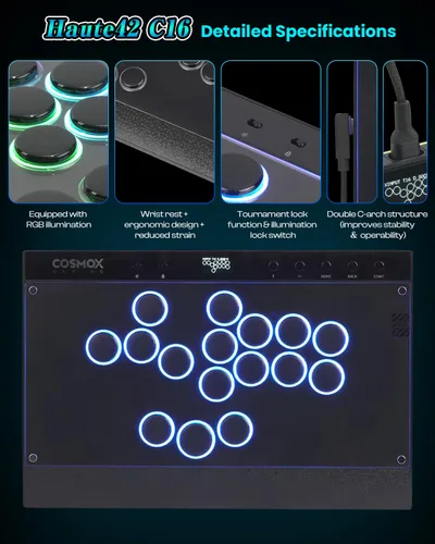 Vista 6 de Sehawei Haute42 C16 Leverless Arcade Controller - Magnetic Detachable Panel for DIY Art, RGB Button Rims, Tournament Lock Switch - Compatible with