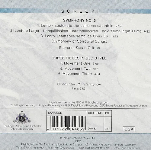 Vista 2 de Gorecki Symphony No. 3 Op. 36 Three Pieces In Old Style Germany