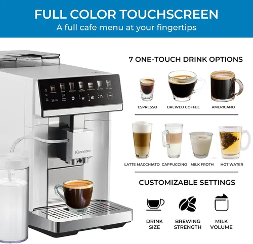 Vista 3 de Kenmore Cafetera de Café Completamente Automática - con Molinillo, Espumador de Leche y Vaporizador, Tamper Automático, Máquina de Espresso Blanco