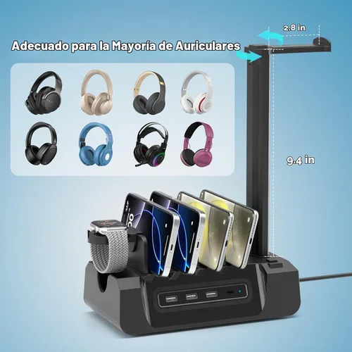 Vista 4 de Estación de carga KDD con 6 cables de carga - Estación de carga rápida 6 en 1 para celular con soporte para auriculares y soporte para reloj - 2