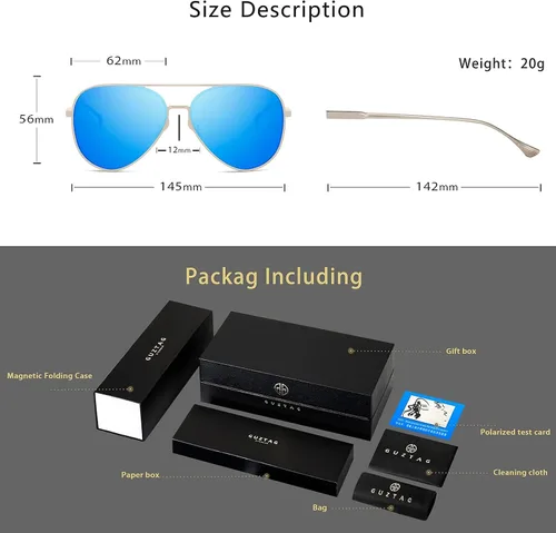Vista 6 de Guztag Espejo Aviador Gafas de Sol Para Hombres Mujeres Polarizadas Protección UV - Al-Mg Aleación Ultraligero Marco 2.441in