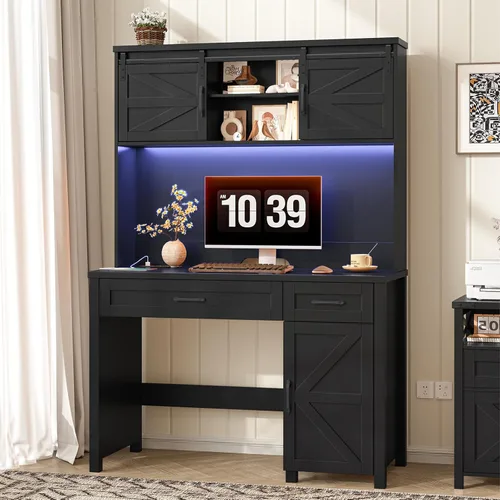 Vista 9 de Escritorio ejecutivo de granja de 67 pulgadas de alto con gabinete, mesa de oficina con luz LED y 4 cajones, escritorio para computadora