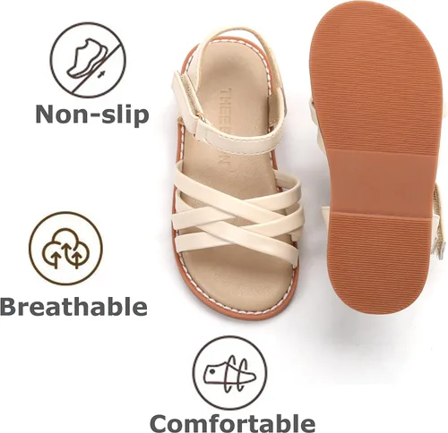 Vista 6 de THEE BRON Sandalias para niñas pequeñas, zapatos de vestir para niña de flores, zapatos planos de verano con punta abierta