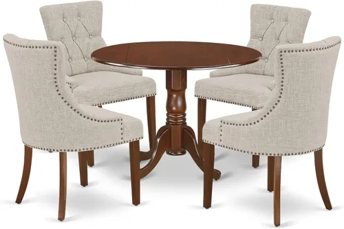 Vista 17 de East West Furniture DLFR5-BLK-02 - Juego de mesa de comedor moderno de 5 piezas, incluye una mesa redonda de madera con gotas y 4 sillas tapizadas