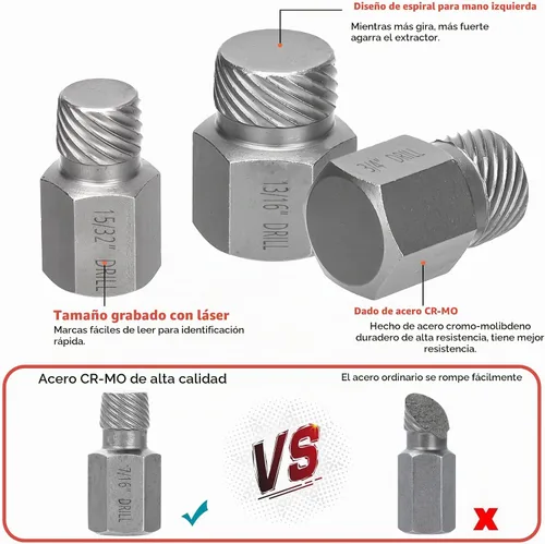 Vista 3 de Juego de 13 extractores de tornillos, cabeza hexagonal multi-estriada de fácil extracción, kit extractor de pernos para tornillos Allen dañados
